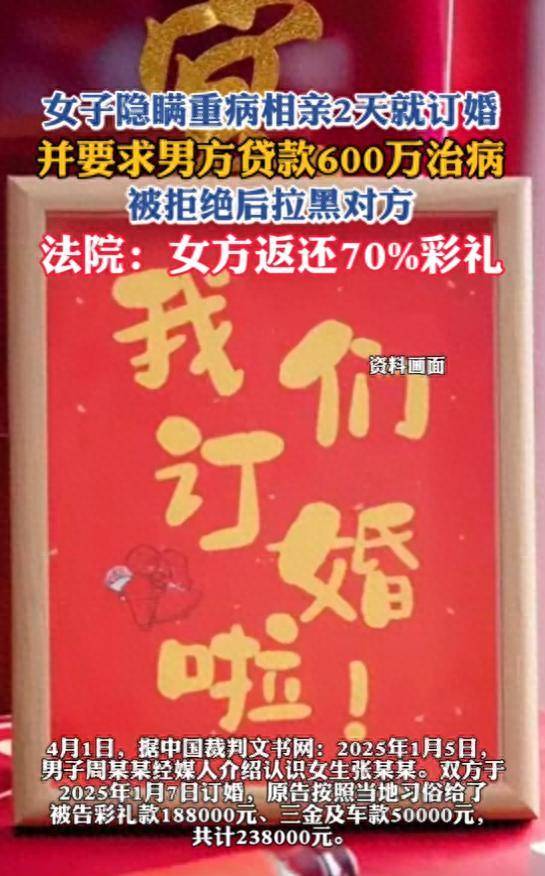 皇冠信用网登2代理申_女子隐瞒重病相亲2天就订婚皇冠信用网登2代理申,并要求男方贷款600万治病,被拒绝后拉黑对方,法院:女方返还70%彩礼